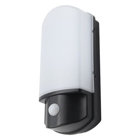 A bulkhead light with a black base and a white frosted cover on a white background.