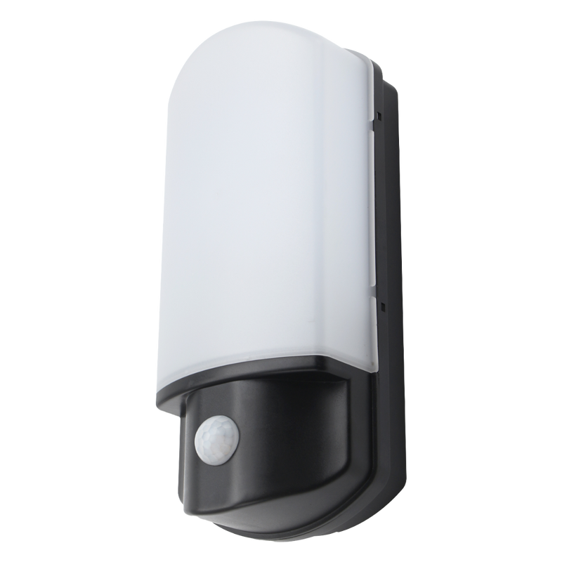 A bulkhead light with a black base and a white frosted cover on a white background.