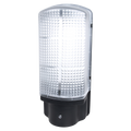 A bulkhead light with a black base and a prismatic glass front on a white background.