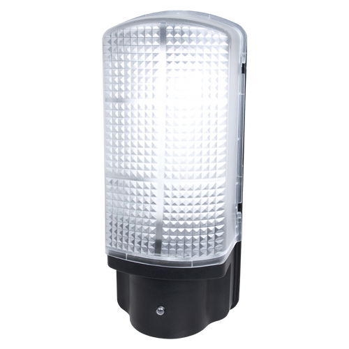 A bulkhead light with a black base and a prismatic glass front on a white background.