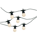 Festoon string with six amber light bulbs on a white background.