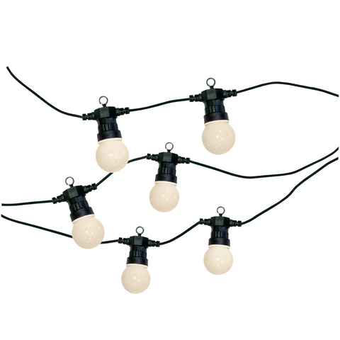 Festoon string with six amber light bulbs on a white background.