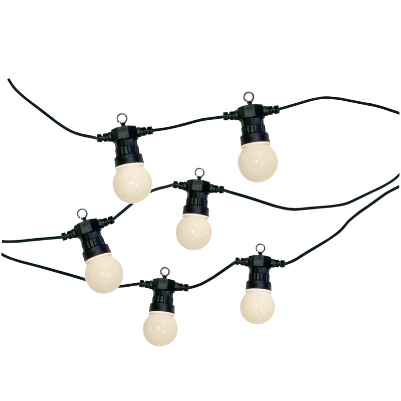 Festoon string with six amber light bulbs on a white background.