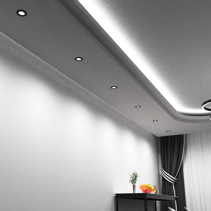 mid shot of mounted black fire-rated LED downlights