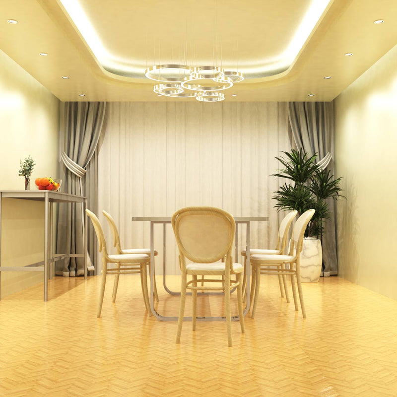 full shot of a dining room with mounted satin nickel fire rated LEd downlights
