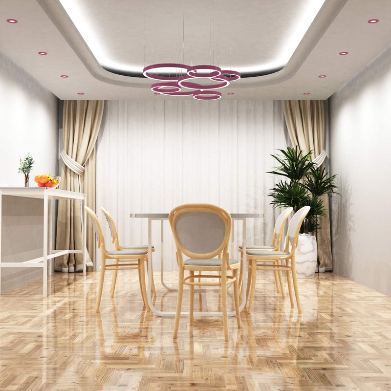 full shot of a dining room with mounted pink fire rated LED downlights