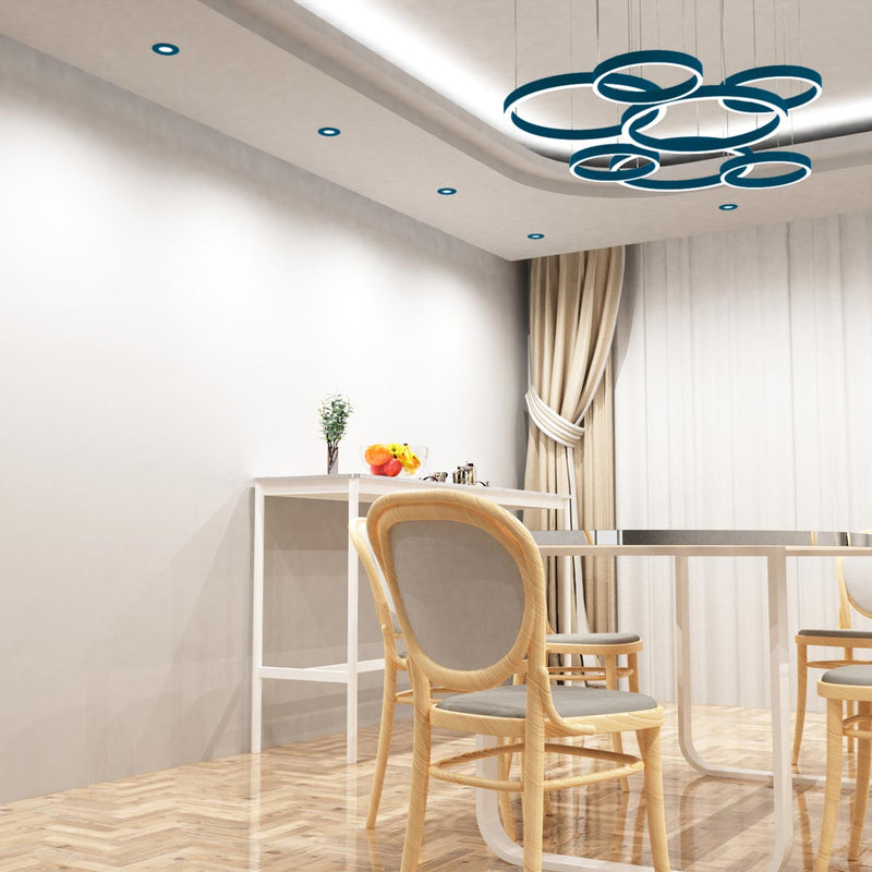 blue CCT fire-rated LED downlights in a dining room