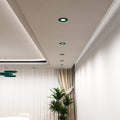 mid shot of mounted green fire-rated LED downlights