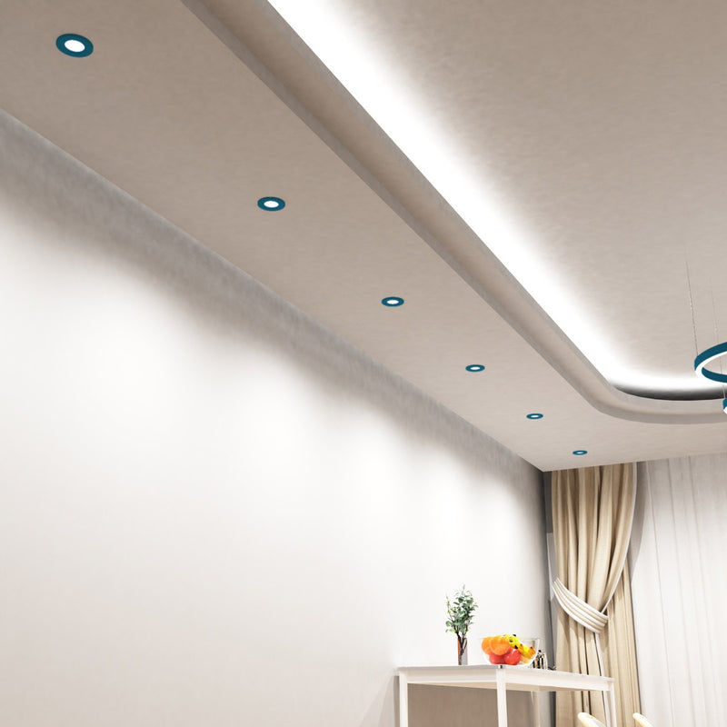 mid shot of a dining room with blue fire rated LED downlights