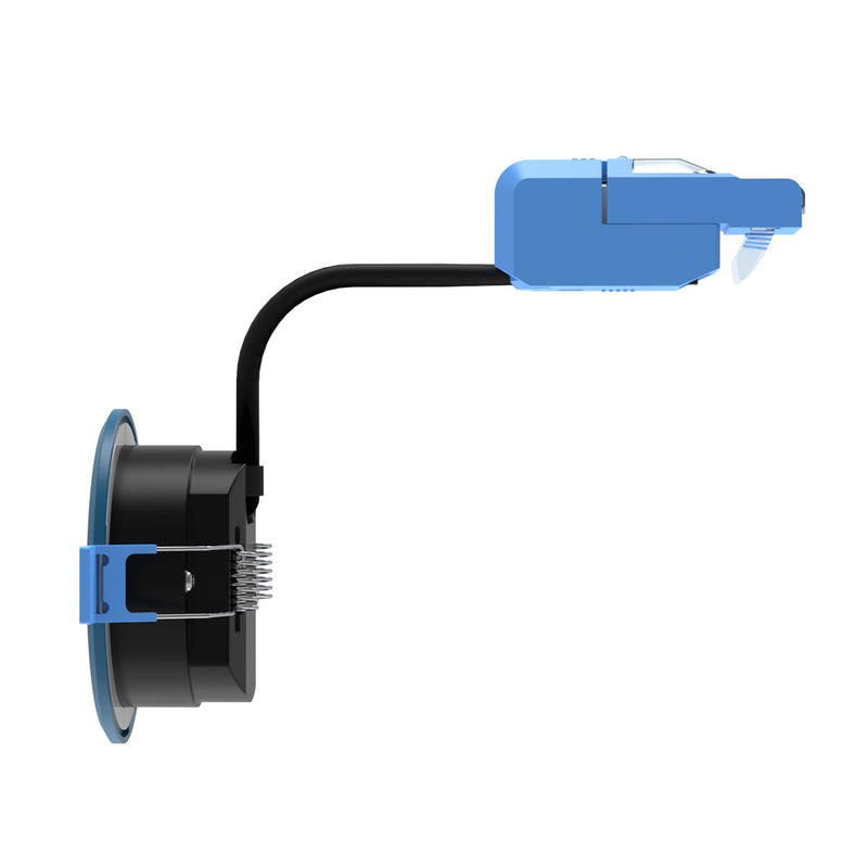 side of a blue fire rated LED downlight