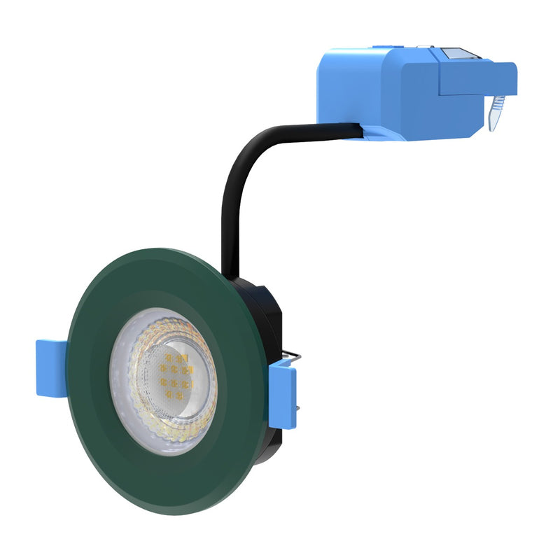 tilted view of a green fire-rated LED downlight