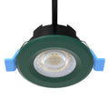 close up of a green fire-rated LED downlight