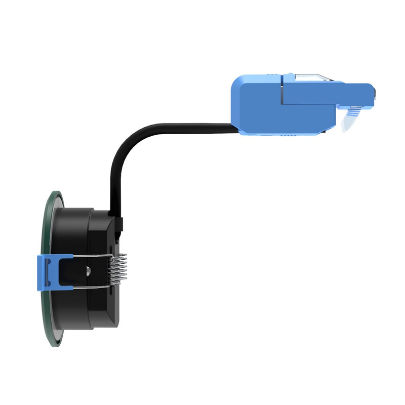 side of a green fire-rated LED downlight