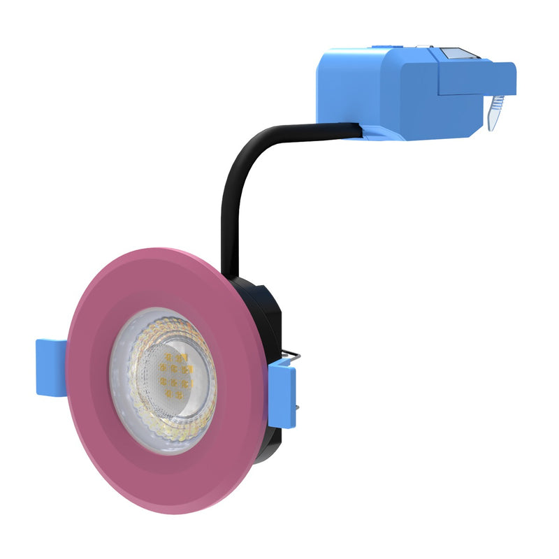 full shot of a pink fire rated LED downlight