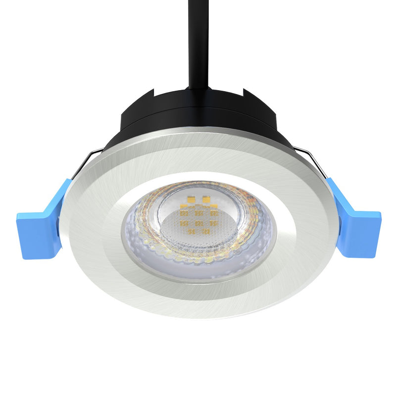 front of a satin nickel fire rated LEd downlight