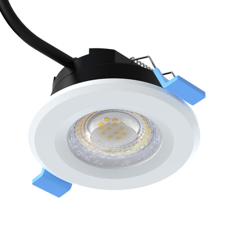 close up of a white fixed CCT LED downlight