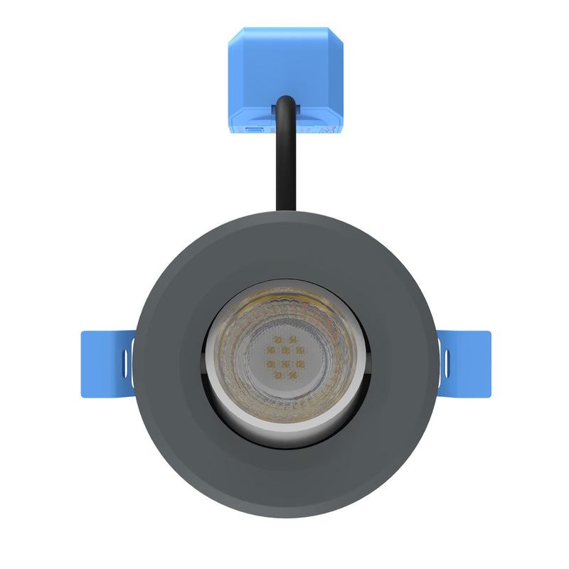 front of a charcoal grey tilt CCT downlight
