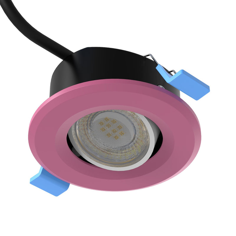 close up of a pink CCT tilt LED downlight