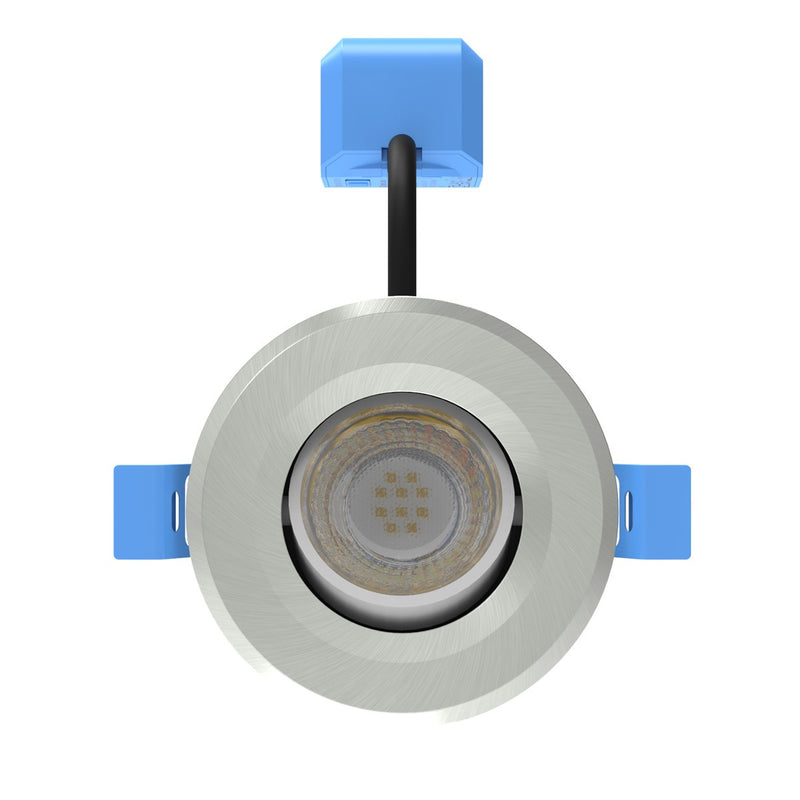 front of a satin nickel tilt CCT LED downlight