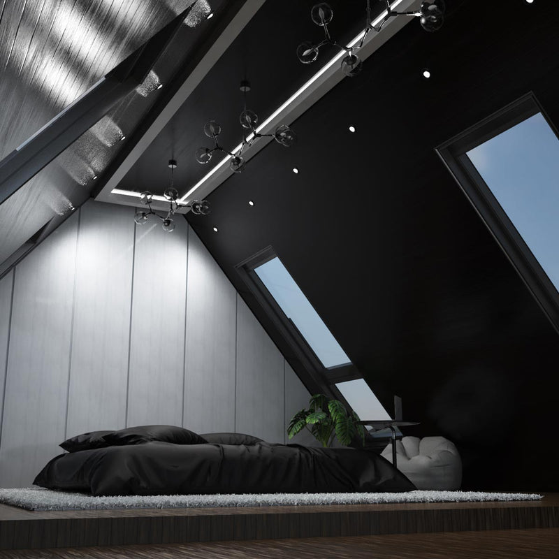 bedroom with mounted black CCT tilt LED downlights