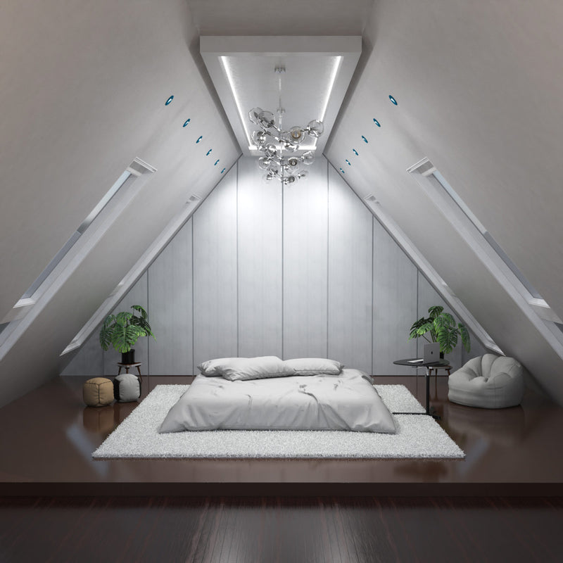 bedroom with mounted blue CCT tilt LED downlights
