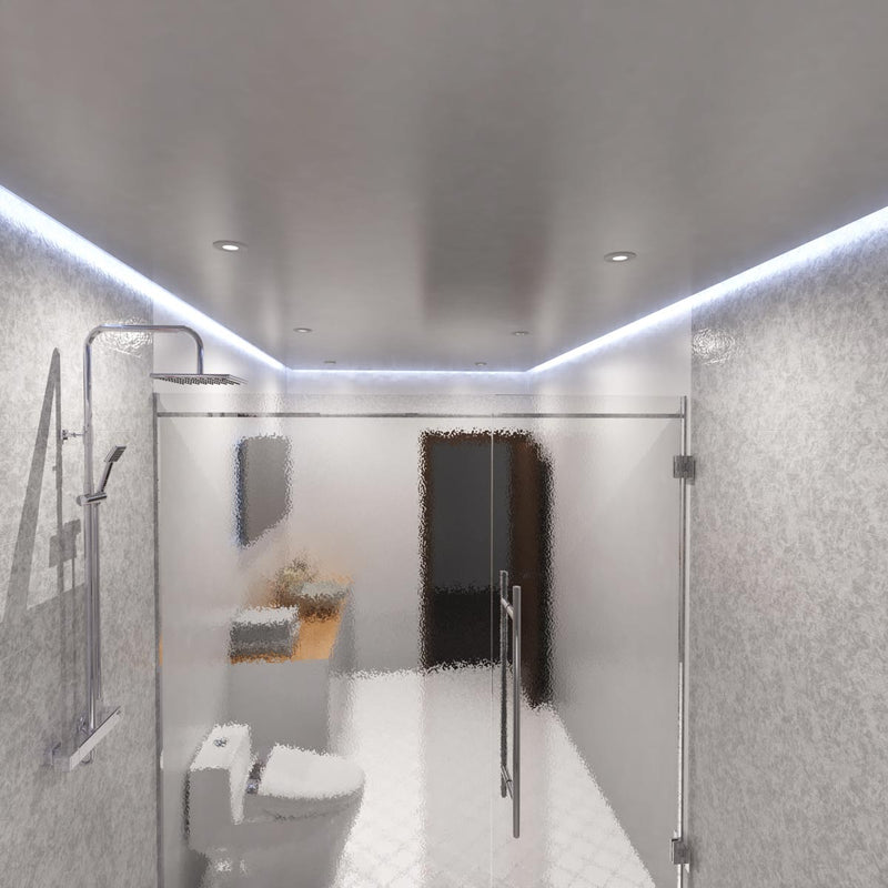 mid shot of a bathroom with cool white CBO LED strip lights