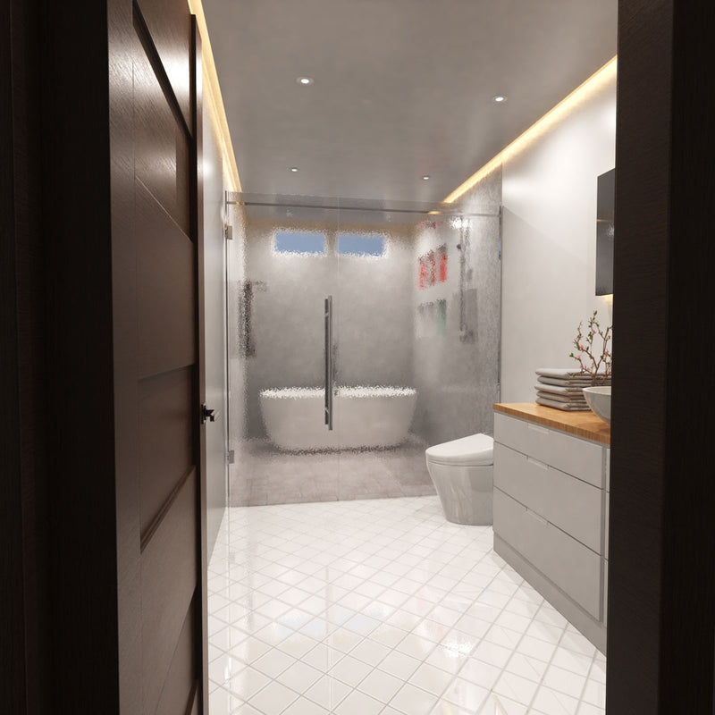 side shot of a bathroom with warm white COB strip lights