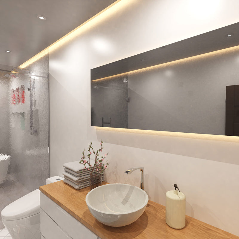 mid shot of a bathroom with warm white COB strip lights