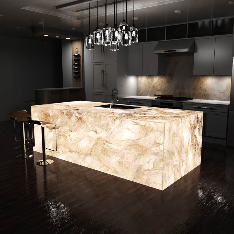 full shot of a kitchen with an illuminated island in natural white light
