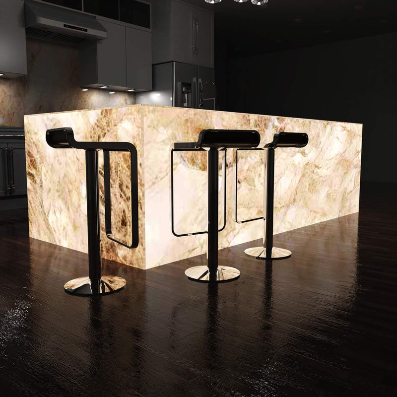 side shot of a kitchen with an illuminated island in natural white light