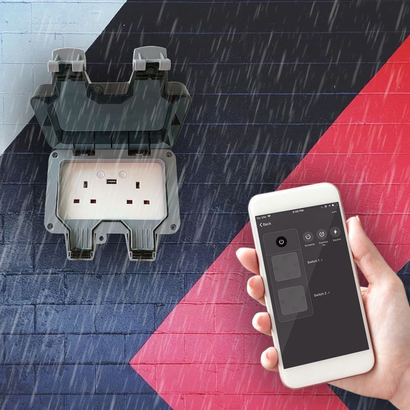 Smart WiFi Double Socket with USB Port mounted on a brick wall
