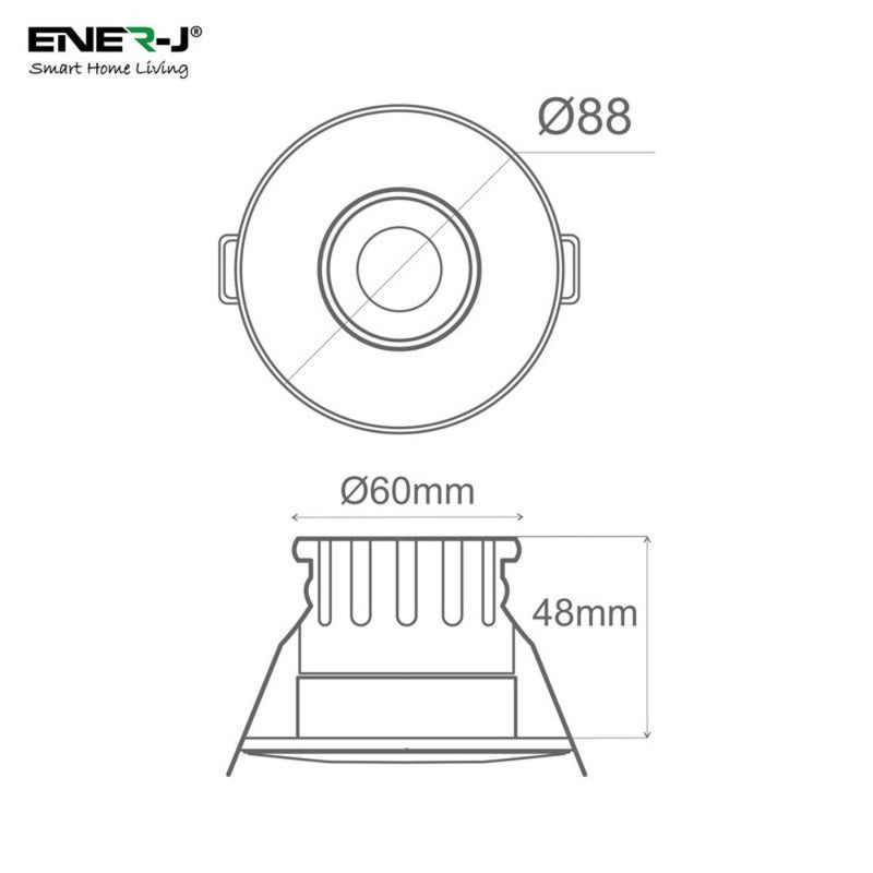 line drawing of an 8W CCT Changeable and Dimmable, Smart Fire Rated Downlight