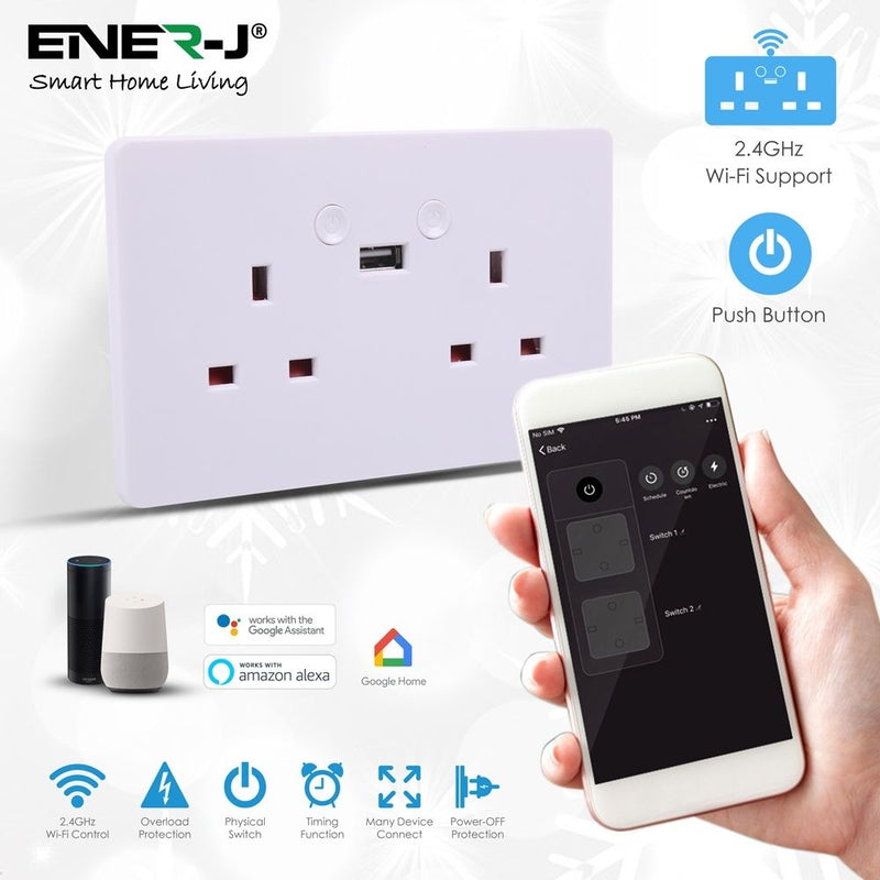 double socket smart switch with USB port with connectivity details