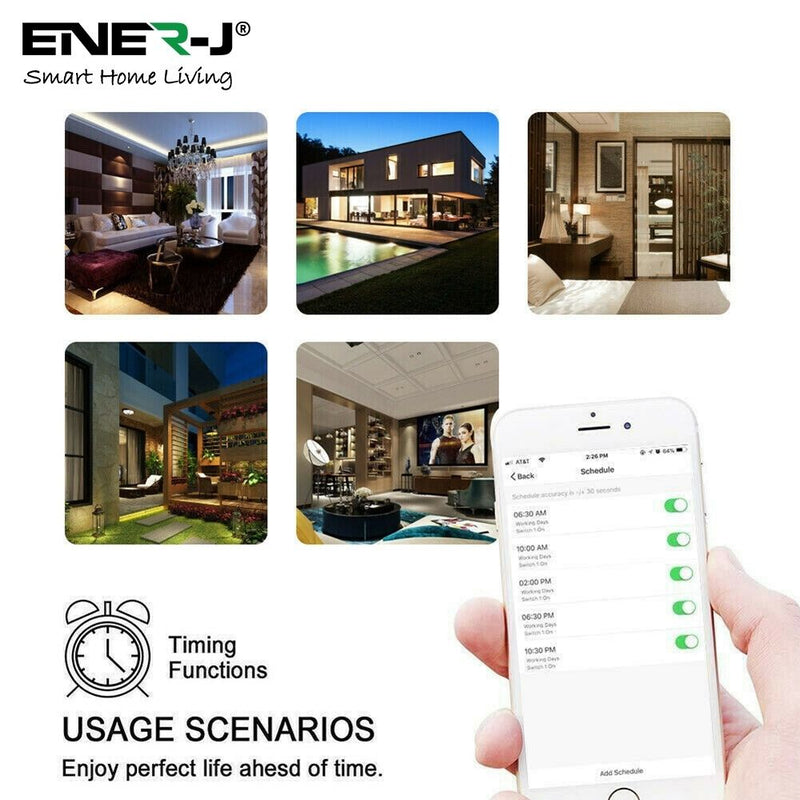different parts of a home and a smartphone showing time schedules