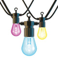 three LED filament lights with three different colours