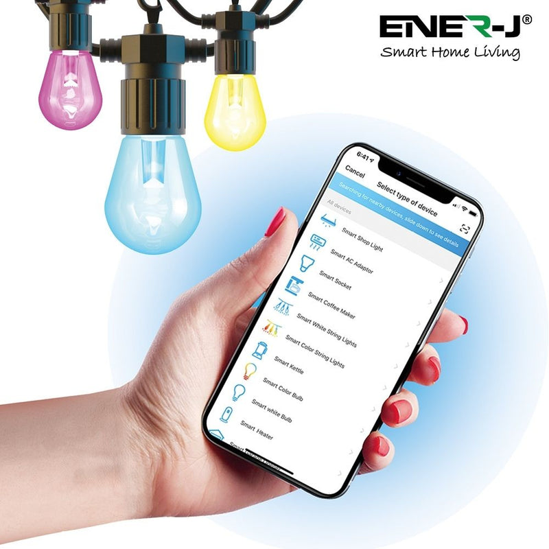 three LED filament lights with three different colours with a smart phone
