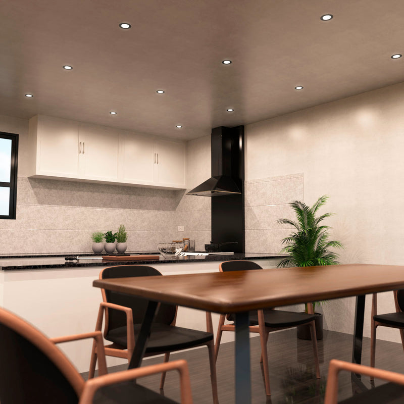Side angle of a kitchen with black LED downlights