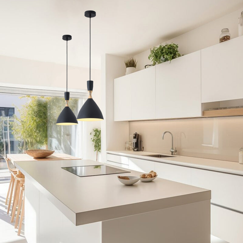 mounted black cone LED pendant lights with gold accent in the kitchen 