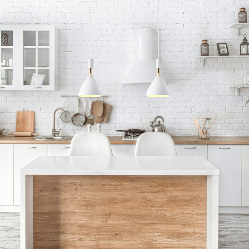 kitchen with mounted White Cone Pendant Lights with Gold Accent 