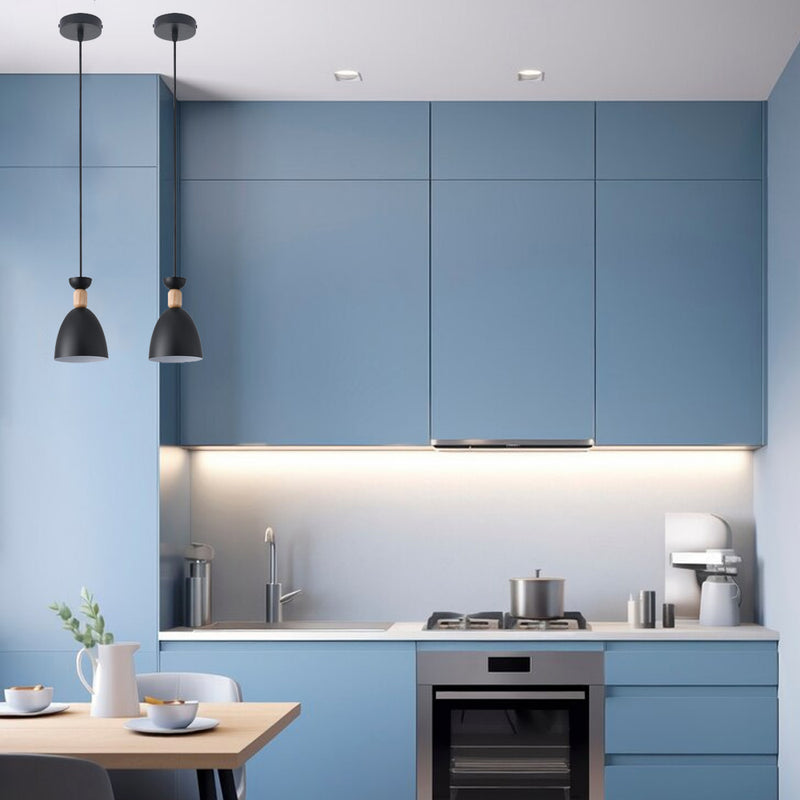 mounted Black Cone LED Pendant Lights with Wood Accent in a kitchen