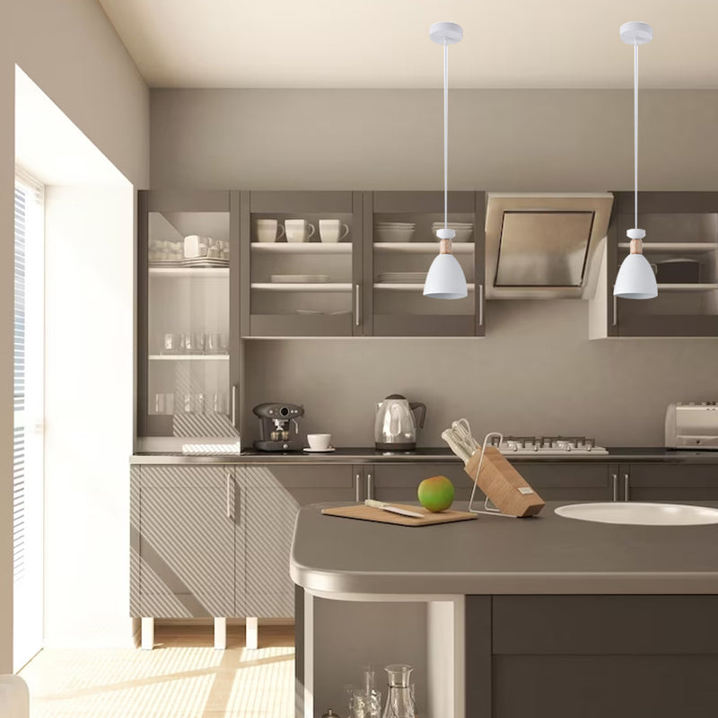 Mounted White Cone LED Pendant Lights with Wood Accent in the kitchen