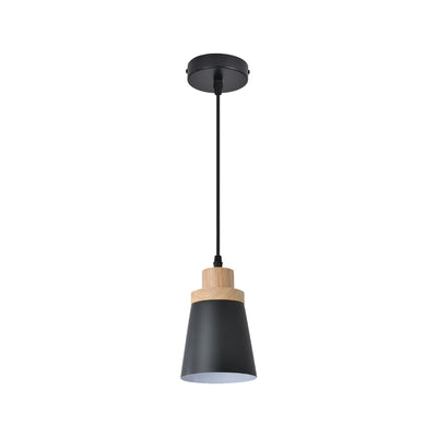 Black Cylindrical Pendant Light with Wooden Crown