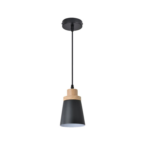 Black Cylindrical LED Pendant Light with Wooden Crown 