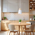 mounted White Cylindrical LED Pendant Light with Wooden Crown over a dining table