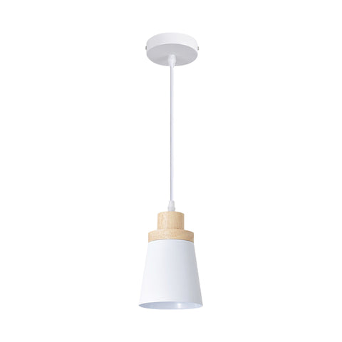 White Cylindrical LED Pendant Light with Wooden Crown 