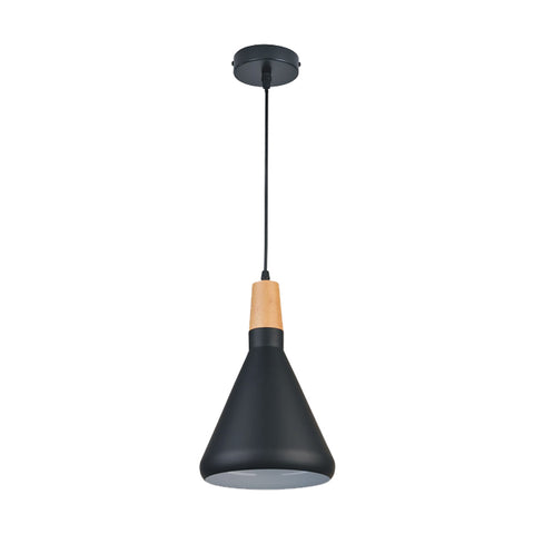 Black Cone Pendant Light with Round Edges and Wood Accent