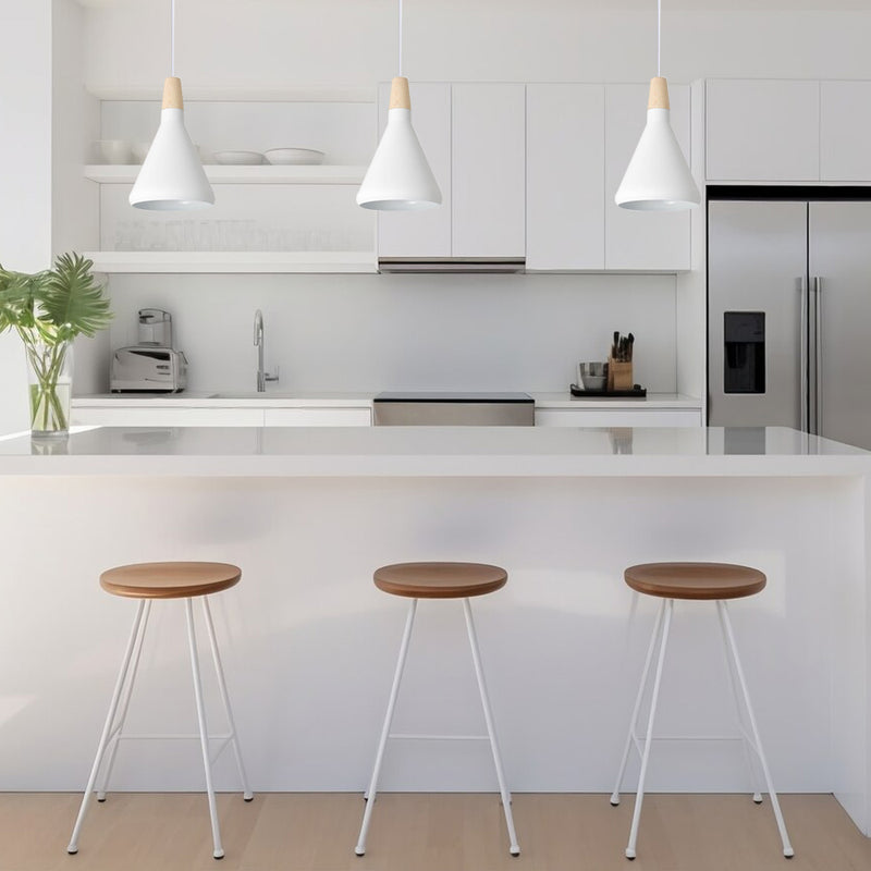 Installed White Cone LED Pendant Light with Round Edges and Wood Accent 