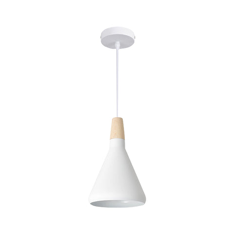 White Cone LED Pendant Light with Round Edges and Wood Accent 