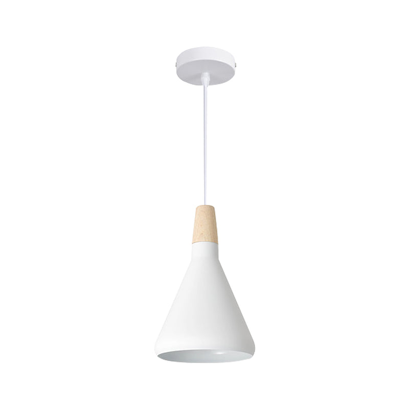White Cone LED Pendant Light with Round Edges and Wood Accent 