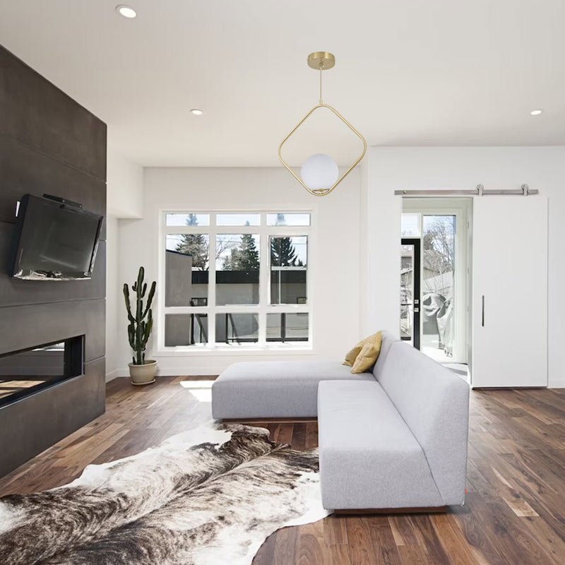 Installed Diamond Shaped Pendant Light with a Glass Globe
